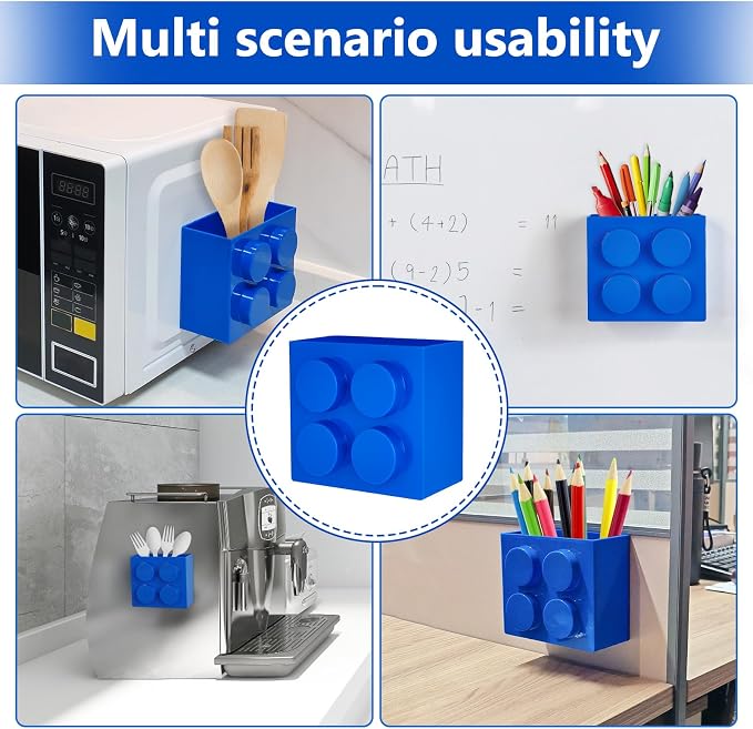 Magnetic Basket Organizer for Fridge - Lego-Style ABS Plastic Storage Box,No Drill Design for Kitchen Counter, Microwave & Whiteboard, Holds Up to 3.5 lbs (Blue) - Image 5
