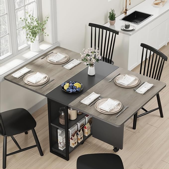 IDEALHOUSE FoldingTable, Drop Leaf Dining Table with 6 Wheels and 2-Layer Storage Shelf, Space Saving Table for Small Spaces (Slate Oak, 50.1" D x 31.4" W x 29.5" H) by IDEALHOUSE