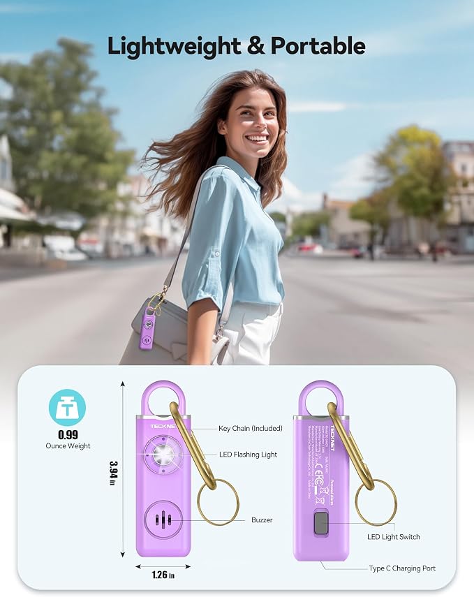 TECKNET Rechargeable Personal Safety Alarm for Women, 130dB Self Defense Keychain Alarm with SOS Strobe Light, Low Battery Notice, Loud Siren Safety Keychain for Girls Kids Elderly - Purple - Image 5