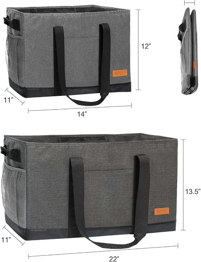 WONDAY X-Large Utility Tote Bag, Standing Reusable Grocery Bag | 22x11x13.5in, 50L capacity, holds 100lbs, collapsible, fabric with leather bottom, for beach travel storage - Image 7