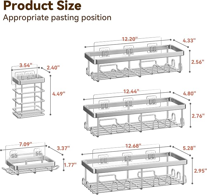 Shower Caddy Adhesive, Rustproof Shower Organizer, Wall Shower Rack | Large Capacity Shower Shelves for Inside Shower, Shampoo Shower Holder, Silver, 3 Caddies, 1 Soap Dish, 1 Toothbrush Holder - Image 2