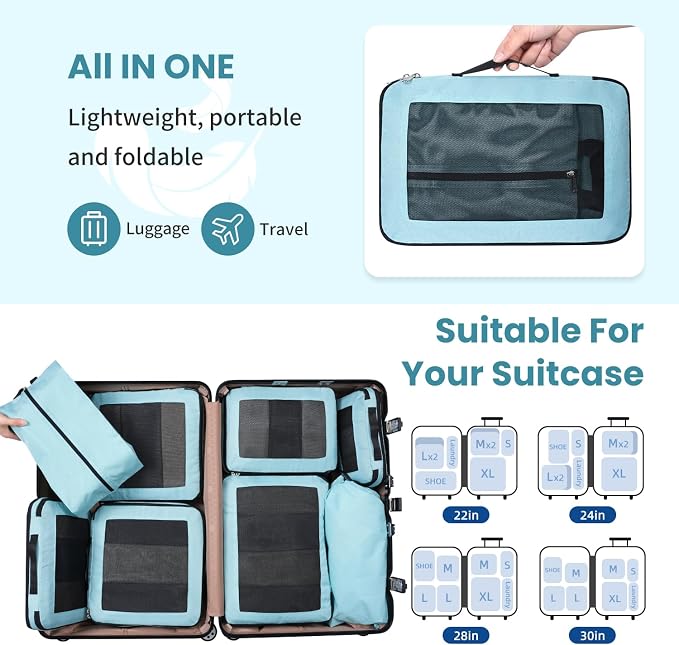 Compression Packing Cubes for Travel, Lightweight Vacation Travel Essentials, Travel Accessories for Suitcase Organizer Bags Set, Durable Luggage Organizer - Image 7
