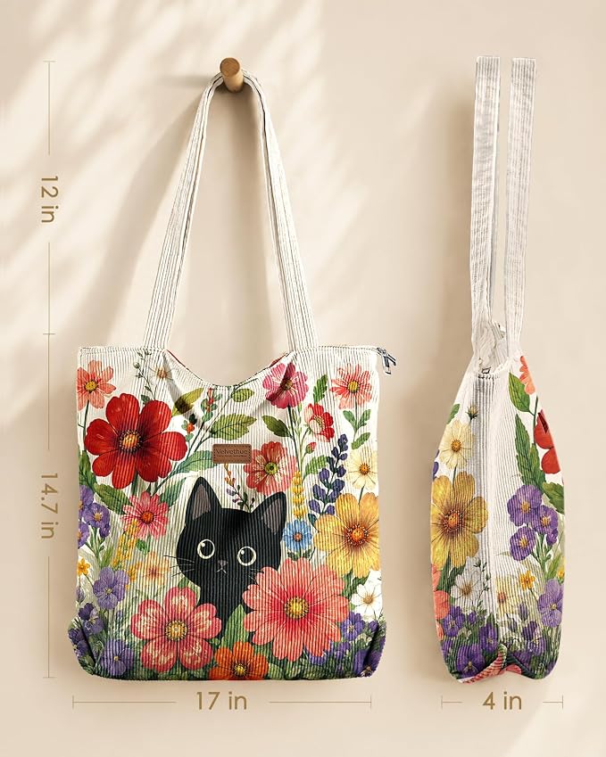 Aesthetic Corduroy Tote Bag with Zipper for Women | Reusable, Fits 14 Inch Laptop, Inner Pocket, double-sided print, Lightweight - Image 5
