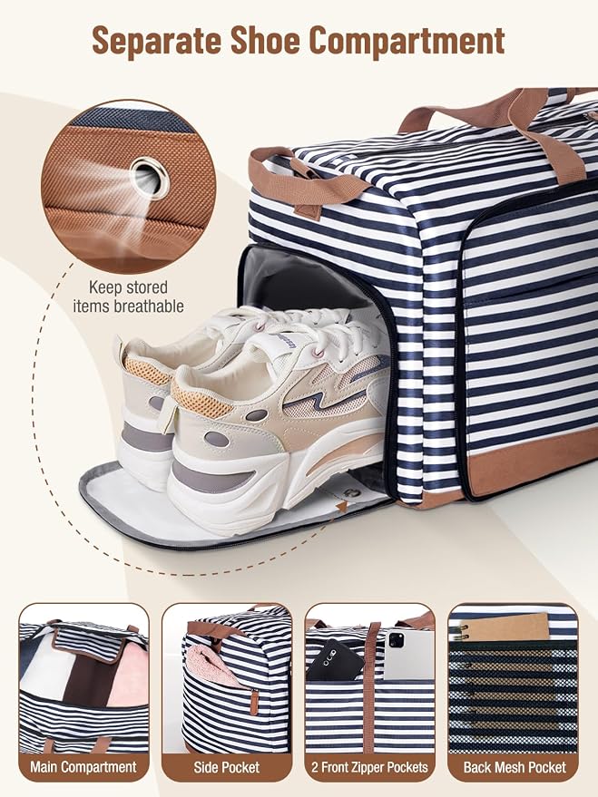 Lekesky Foldable Travel Duffle Bag for Women, 60L Large Duffel Bag with Separate Shoes Compartments & Straps, Carry On Weekend Bag for Women, Hospital, Overnight (Blue Stripes) - Image 4