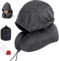 Travel Neck Pillow with Hood Memory Foam for Airplane | Ergonomic Neck Support,Adjustable Drawstring,Light Blocking Design,Removable Cover,Long Flight Comfort,Grey by BAIKEA