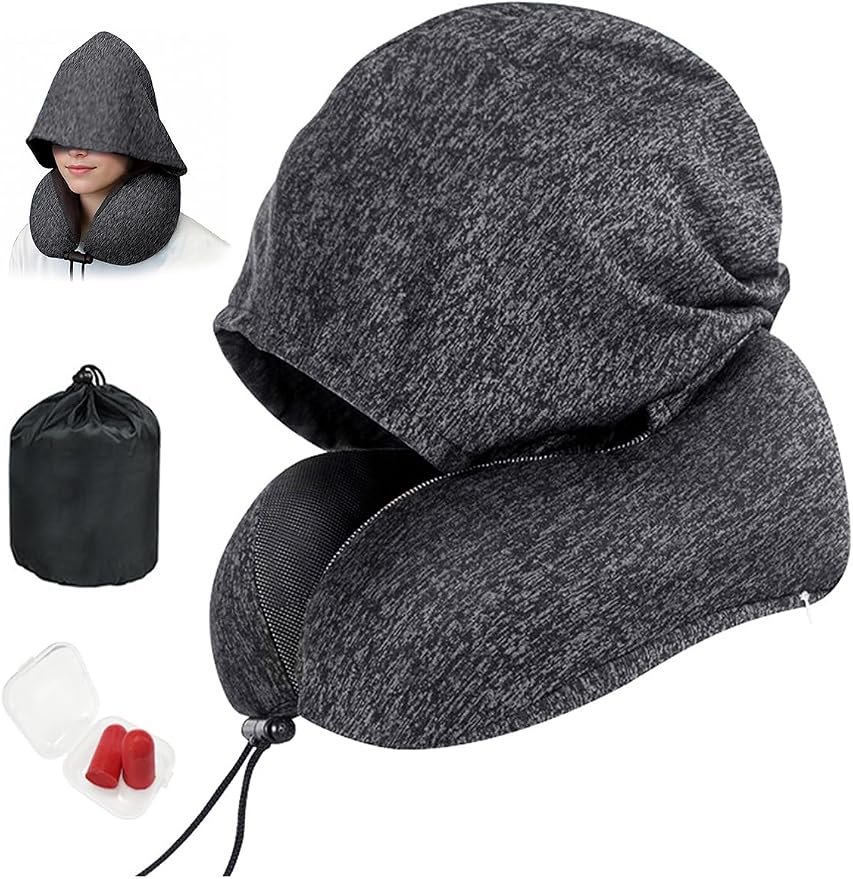 Travel Neck Pillow with Hood Memory Foam for Airplane | Ergonomic Neck Support,Adjustable Drawstring,Light Blocking Design,Removable Cover,Long Flight Comfort,Grey by BAIKEA