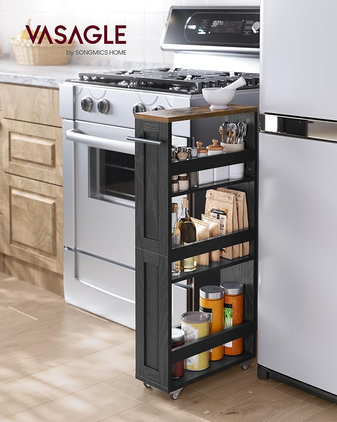 VASAGLE 4-Tier Slide-Out Storage Cart, Slim Kitchen Cart for Small Spaces, with Wheels, Handle, Bathroom, Laundry Room, 5.9 x 17 x 34.1 Inches, Ebony Black and Rustic Brown ULRC050K02 - Image 2