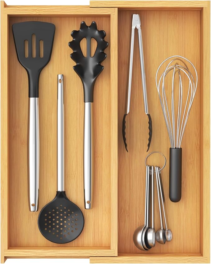 Lifewit Bamboo Utensil Organizer for Kitchen Drawer, Cooking Utensil Tray | Expandable Cutlery Silverware Flatware Holder, Wood Adjustable Spatula Tools Storage Divider, 7-12 x 15.75", Natural by Lifewit
