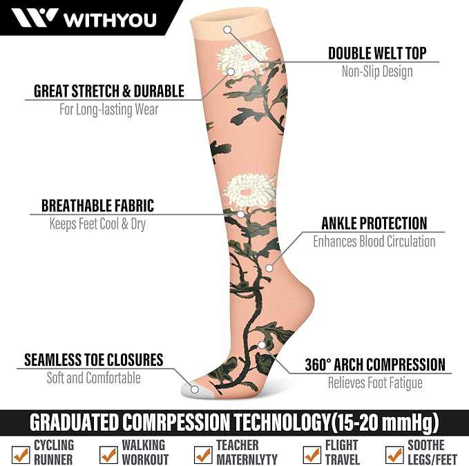 WITHYOU 3 Pairs Compression Socks for Women & Men 15-20 mmHg,Best Support for Nurses Running Hiking - Image 3