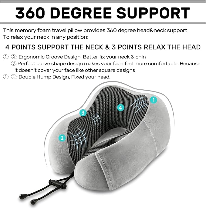 urnexttour Neck Pillow Airplane Travel Pillow 2 Pack Black and Grey | Memory Foam Soft Support Travel Neck Pillow for Travelling, Sleeping Rest, Car, Train and Home Use - Image 3