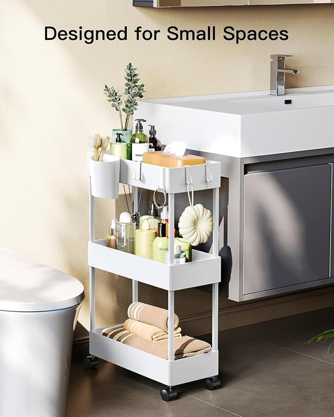 Pipishell 3 Tier Slim Storage Cart with Wheels, Bathroom Cart, White | 7.1 inch Wide - Fits Narrow Spaces, Storage Cup and 6 Hooks, Ventilation Holes, Durable ABS Material, Detachable Wheels - Image 3