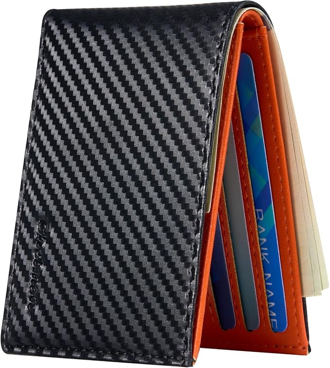 Chelmon Slim Wallet for Men ID Window with RFID Blocking Front Pocket Minimalist Bifold Bussiness Card Holder Gift for Men, Carbon Black & Orange by Chelmon