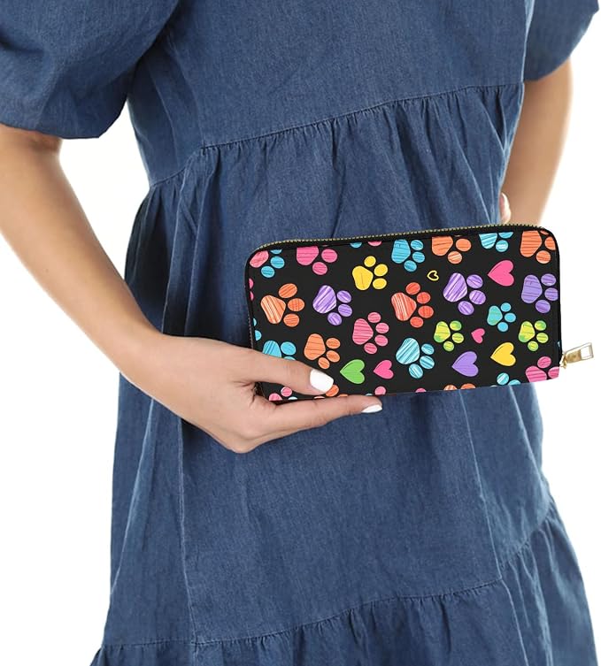 Women's RFID Blocking PU Leather Zip-Around Wallet, Large Capacity Clutch with Phone Holder, Travel Purse & Card Organizer with Removable Wristlet,Colorful Paw Prints - Image 6