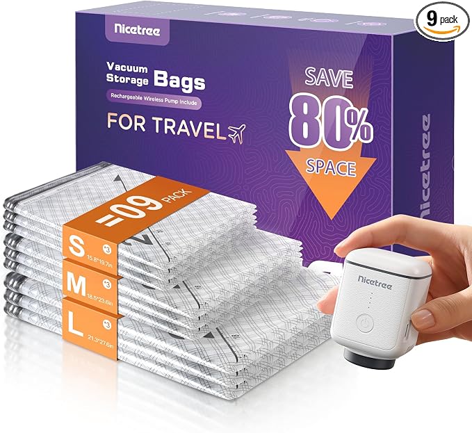9-Pack Vacuum Bags for Travel with Rechargeable Pump, 3 Sizes | Compression Packing Bags for Carry-On Luggage and Suitcases. Space Saver Vacuum Seal Bags for Clothing and Home Storage by Nicetree