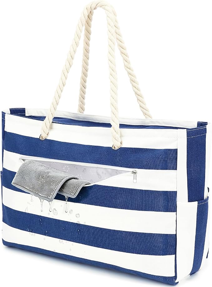 Fammart Beach Bags Waterproof Sandproof for Women, Large Canvas Pool Bag with Leakproof Wet Pocket & Zipper Cruise Essentials by Fammart