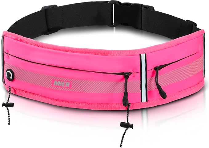 MIER Running Belt for Women & Men, Fanny Pack with Marathon Bib Clip, Pink | Slim Adjustable Phone Holder Pouch; Reflective Waist Packs for Running Essentials; Waterproof Zipper Pockets by MIER