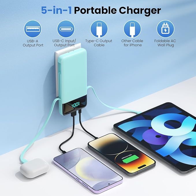 Portable Charger with Built-in AC Plug and Cables,13800mAh All in One USB C Fast Charging Power Bank,Travel Essentials Portable Phone Charger Battery Pack for iPhone 17/16/15/13,Galaxy,Android-Green - Image 2