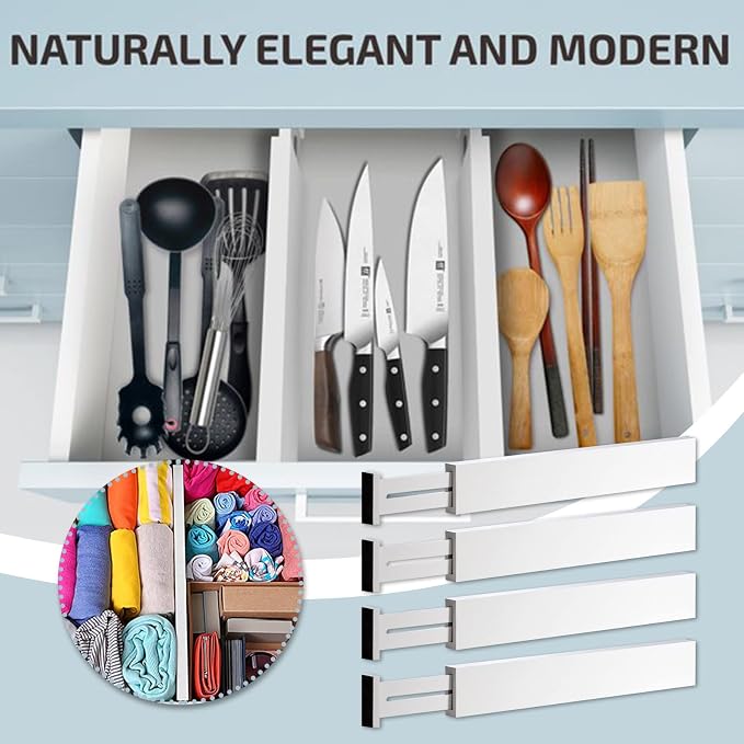 4 Pack Bamboo Drawer Dividers 2.6" High, Adjustable from 12 Inch to 17 Inch | Expandable Kitchen Drawer Organizer Separators for Clothes, Kitchen, Bedroom, Dresser, Office (White) - Image 5