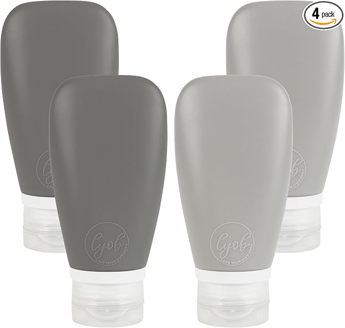 Travel Bottles for Toiletries, TSA Approved 3oz Leak Proof Silicone Soft Refillable Squeeze Travel Size Containers BPA Free for Cleansers, Lotions, Shampoo, Conditioner 4pk (2Black-2Gray) by Lyob