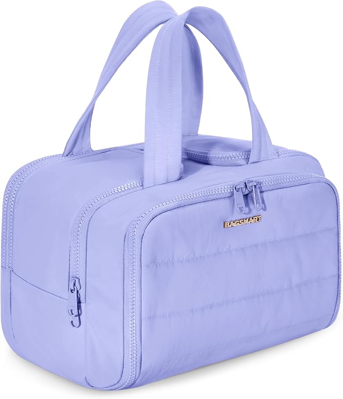 BAGSMART Travel Toiletry Bag, Crush Toiletry Bag for Women, Wide-open Puffy Toiletry Bags for Traveling, Large Travel Cosmetic Makeup Bag Organizer for Accessories,Toiletrie, Purple by BAGSMART
