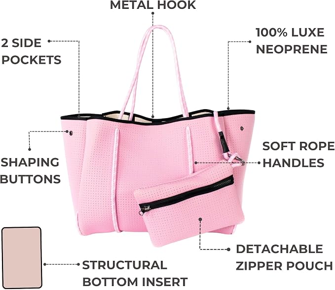 POPUPS Large Neoprene Tote Bag for Women - Everyday Designer Handbag for Travel Work and Beach with Pockets and Zipper Pouch - Image 4