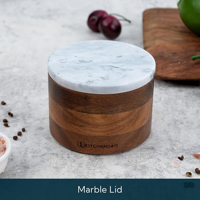 KITCHENDAO Acacia Salt Cellar Box Bowl with Built-in Spoon and Marble Lid, Solid Natural Acacia Wood Bath Sea Salt Container, Elegant Modern Grey and White Marble Lid Spice Bowl, 6oz Capacity - Image 4