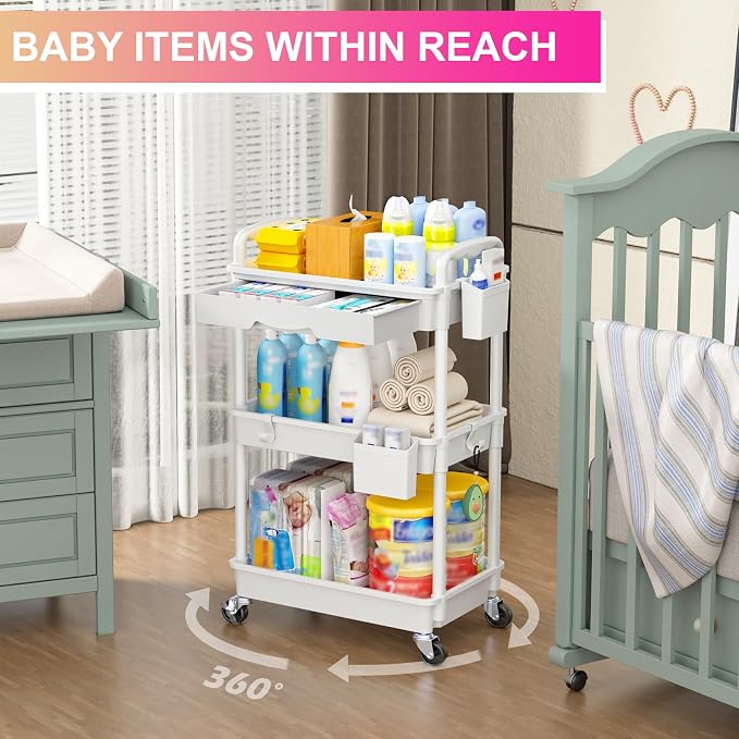 Goovilla 3 Tier Rolling Utility Cart Organizer with Removable Drawer, White | Stable and Sturdy Rolling Storage Carts with 2 Lockable Wheels for Bathroom, Kitchen, Snack, Craft, Makeup, Baby Essentials - Image 6