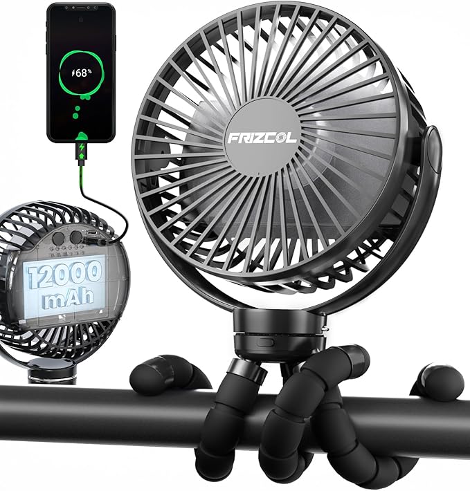 FRIZCOL Portable Stroller Fan, Use As Power Bank, 65H 12000mAh Battery Operated Fan Flexible Tripod Baby Car Seat Fans with Timming, Personal Mini Handheld/Desk/Small Clip On Fans For Stroller by FollowUsGetMoreInfoNow
