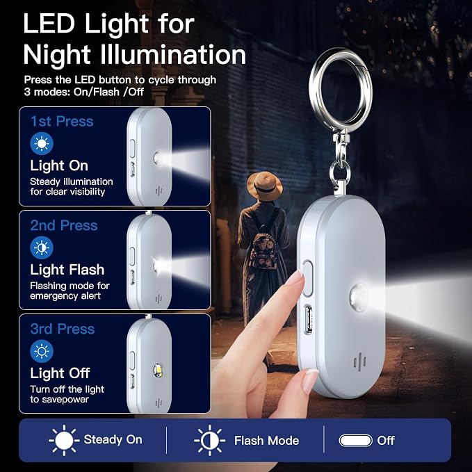 Personal Safety Alarm for Women, 130dB Rechargeable Keychain Alarm with Bluetooth SOS Alerts, Dual Speakers, Strobe Light, Low Battery Reminder, USB-C Emergency Siren for Travel(White) - Image 8