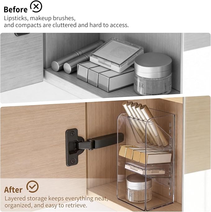 PAVSTINE Medicine Cabinet Organizer with Adjustable Dividers, Clear Vertical Layered Backward Slanting Shelves for Makeup Brush/Lip Gloss/Mascara Storage (3-Tier Slant-Gentle Slant) - Image 5