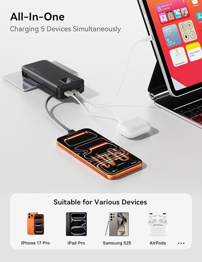 Portable Charger 20000mAh 22.5W w/Built-in Cable & Wall Plug Black | High capacity, Fast charging, Built-in cables & wall plug, LED display, Charge 5 devices at once, Pass through, TSA approved - Image 7