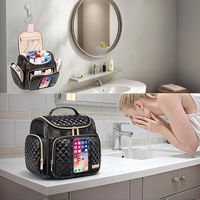 Large Leather Toiletry Bag for Women Men,Bathroom Bag,Water Resistant Shower Bag,Makeup Bag,Portable Shower Caddy for College Dorm,Hanging Travel Toiletry Bag with Transparent Waterproof Phone Pocket - Image 8