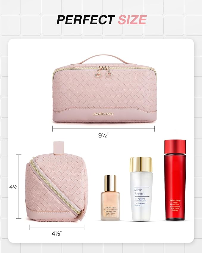 BAGSMART Makeup Bag, Travel Cosmetic Bag Organizer, PU Leather Water-Resistant Pouch, Open Flat Makeup Storage for Toiletries, Brushes, PU Leather Pink - Image 5