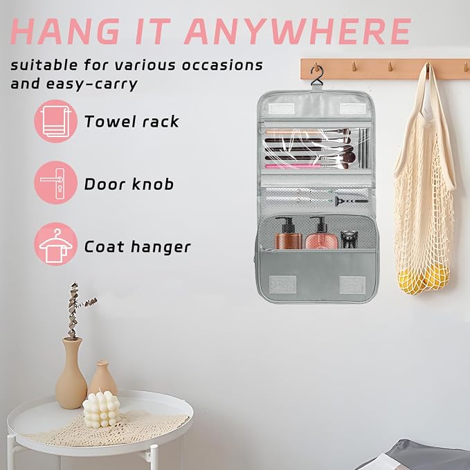 Toiletry Bag Travel Bag with Hanging Hook for Women Men,Light Grey | Waterproof Small Capacity Hanging Multifunctional Makeup Bag for Toiletries, Portable Cosmetic Bag Travel Organizer - Image 4