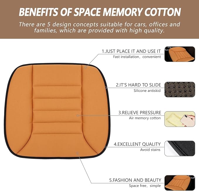 2PCS Car Seat Cushion Pad 1.2" Thick Comfort Seat Protector for Car Driver Seat Office Chair Home Use Memory Foam Seat Cushion with Non Slip Bottom, 20'' x 18.5'', Orange - Image 2