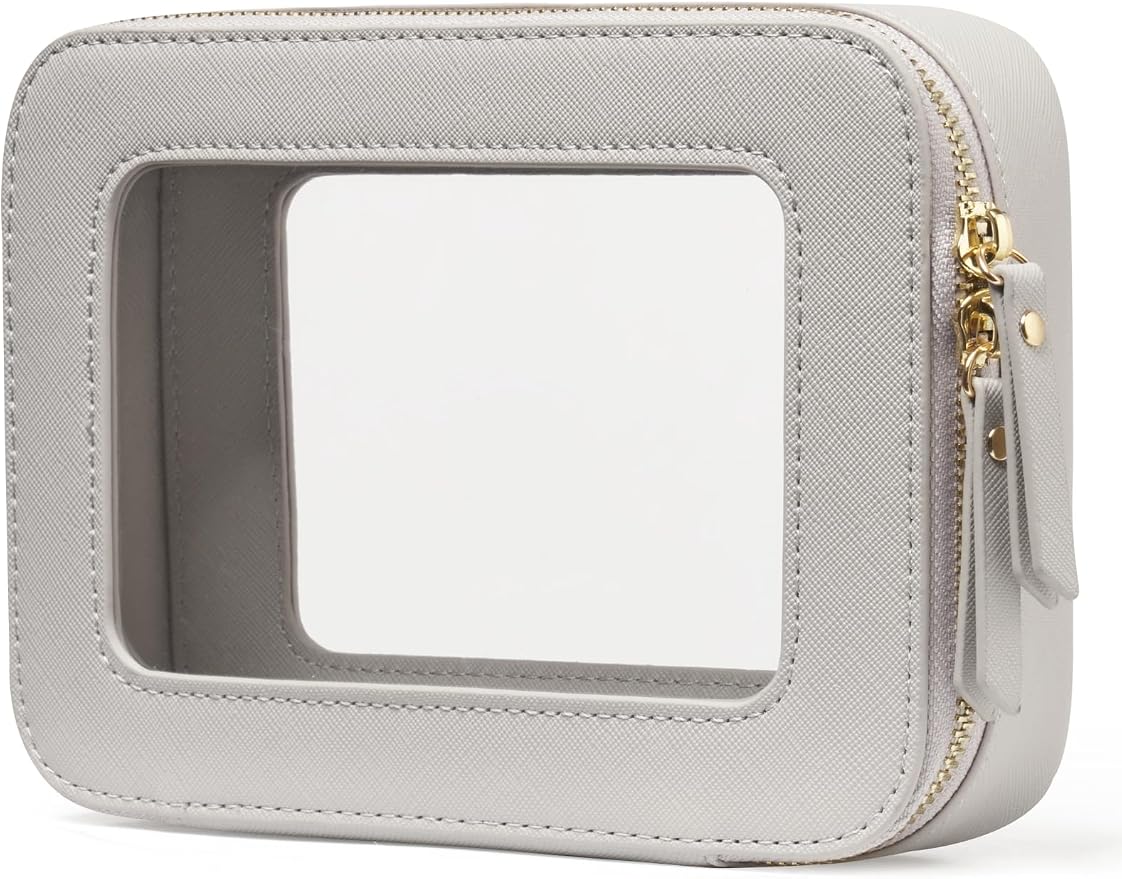 Clear Makeup Case Toiletry Bag Travel Medium Clear Cosmetic Bag with Zipper, Small Make Up Bag Organizer Traveling TSA Approved Transparent Bag Car for Essentials, Beige Grey by POPVIBE