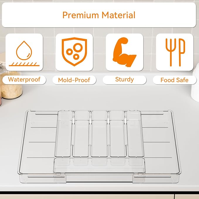 Large Clear Expandable Silverware Drawer Organizer for Kitchen,BPA FREE Adjustable Utensil Drawer Organizer and Silverware Tray,Plastic Flatware Organizers,Cutlery,Knife,Fork and Spoon Holder - Image 6