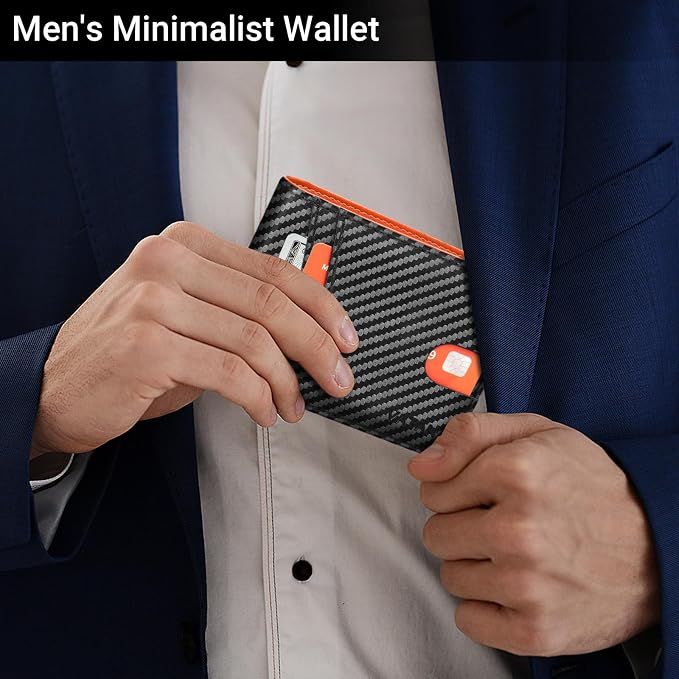 VATAN Wallet for Men Slim RFID Blocking Leather Credit Card Holder Wallet for 15 Cards, Bifold Minimalist Thin Wallet with 2 ID Windows & Cash Slot, With Gift Box (Carbon Black and Orange) - Image 2
