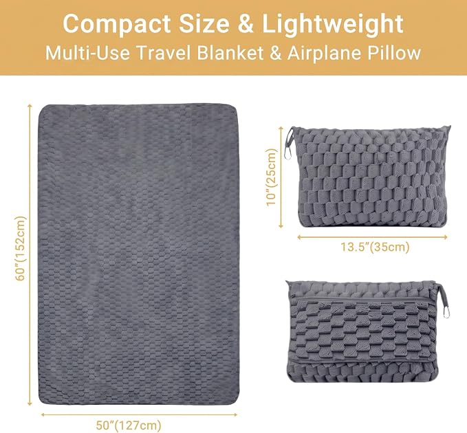 Travel Blanket with Bag, Soft Fleece Portable Airplane Blanket, Grey | Soft fleece travel blanket 50x60in grey. 5-in-1: pillow, lumbar support, shawl, hand warmer. Washable, luggage sleeve, clip. - Image 6