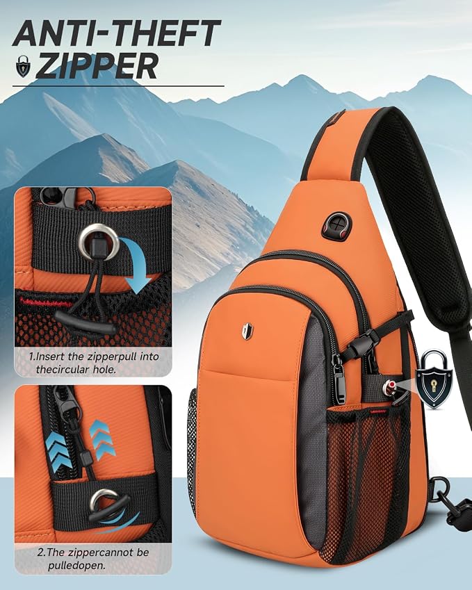 Expandable Sling Bag for Women, Anti-Theft Crossbody Bag with Side Pocket & Earphone Hole, Hiking Chest Pack for Travel, College & City Commute, Fits 11 inch iPad, Switch 2, Orange - Image 6