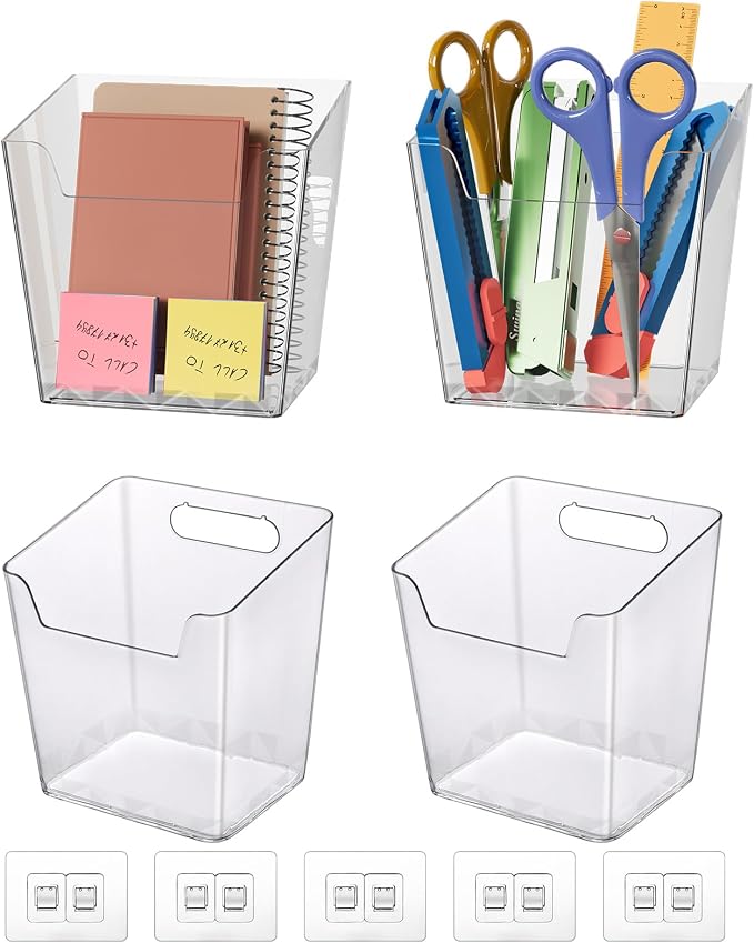 Clear Adhesive Wall Storage Bins 4-Pack Cabinet Door Organizer Cups(Medium) | Clear PET Hanging Wall Mount Pockets, Plastic Caddy for Shower Bathroom Makeup Office Craft Kitchen Sink RV Organization - Image 7