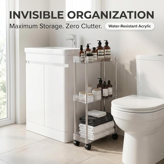 American Dream Home Chrome/Clear Acrylic Slim 3-Tier Rolling Cart Portable Narrow Storage Trolley with Wheels, Transparent Shelves for Bathroom, Kitchen, Office & Small Spaces - Image 4