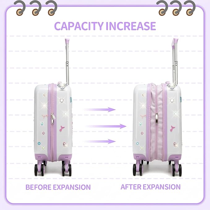 Kids Luggage Sets Suitcase Set with Travel Pillow for Girls 10 Sheets Gem Stickers Small Suitcase with Wheels Hardshell Carry on Luggage for Airplane Travel Essential DIY Styles Purple - Image 7