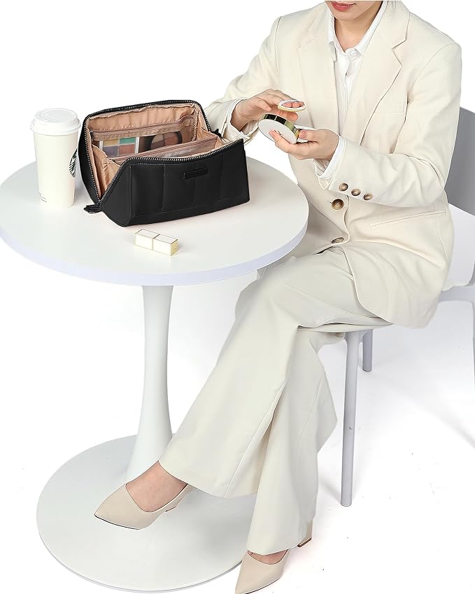 NISHEL Travel Makeup Bag for women, Organizer Pouch Cosmetic Case | Open-flat design keeps cosmetics, brushes, and beauty tools organized for travel and daily routines, Large, Black - Image 3