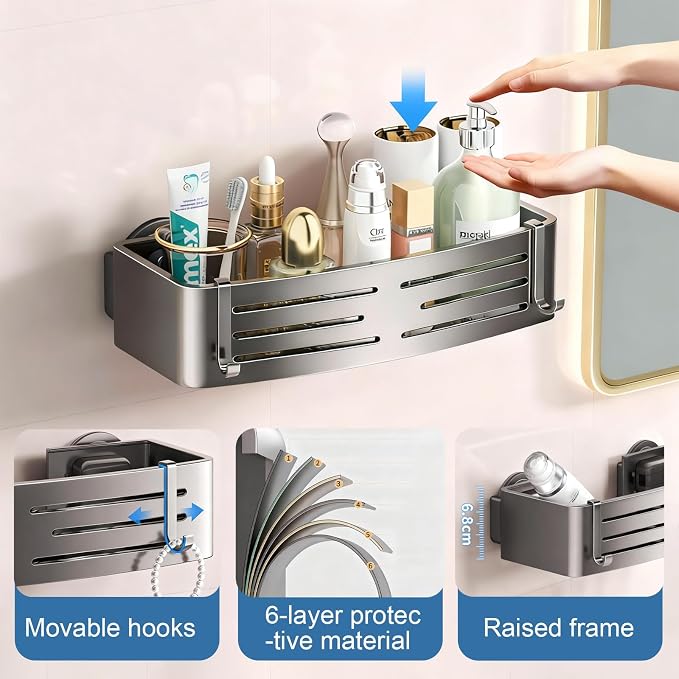 2Pcs Suction Cup Shower Caddy,Upgrade Extra-Strong Suction Shower Shelves with Hooks,No Drilling Waterproof & Rustproof Bathroom Organizers and Storage,Reusable Shower Racks for Shampoo and Toiletries - Image 4