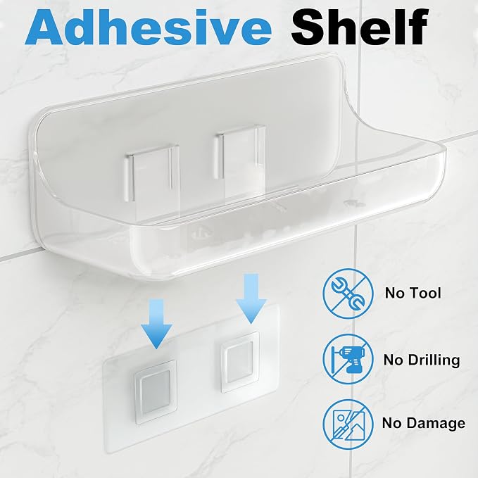 Adhesive Bathroom Shelves, 6 Pack Acryilc No Drill Stick on Shelf - Image 3