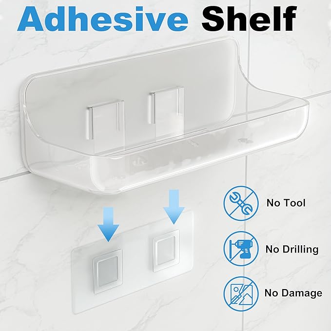 Adhesive Bathroom Shelves, 2 Pack Acryilc No Drill Stick on Shelf - Image 4