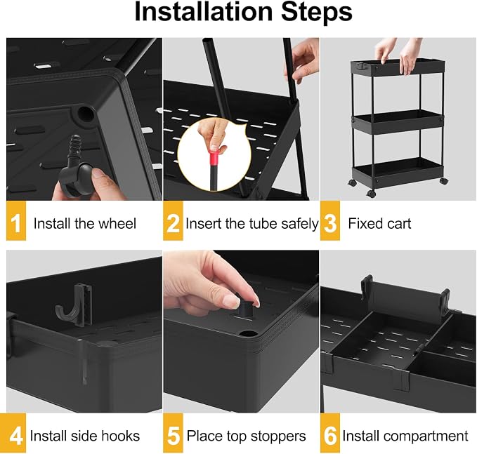 3 Tier Rolling Cart with Wheels, Storage Craft Art Trolley Organizer Serving, 3 Hanging Baskets Easy Assembly, for Office, Bathroom，Living Room, Kitchen, Black - Image 9