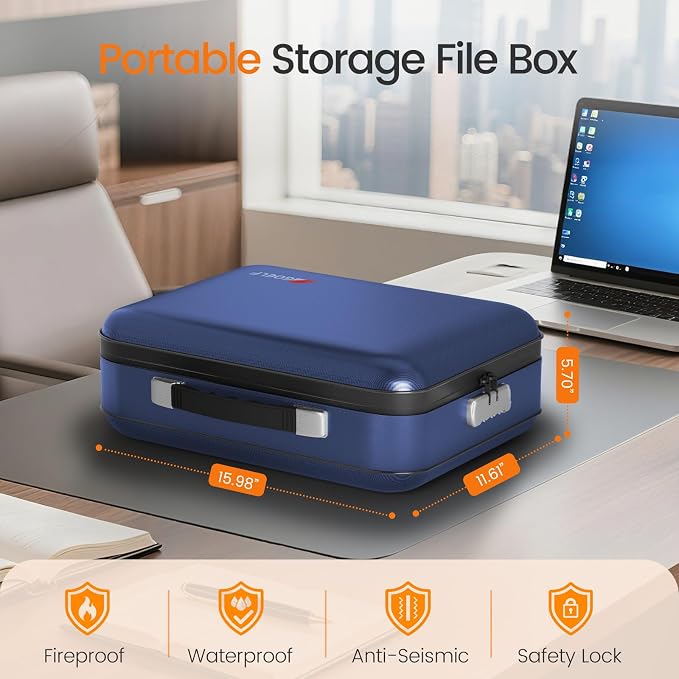 Fireproof Document Box with Lock, 5200°F Fireproof Water Resistant Hard Case File Organizer Safe Box for Important Documents, Certificates, Laptop, Passports (Blue) - Image 2