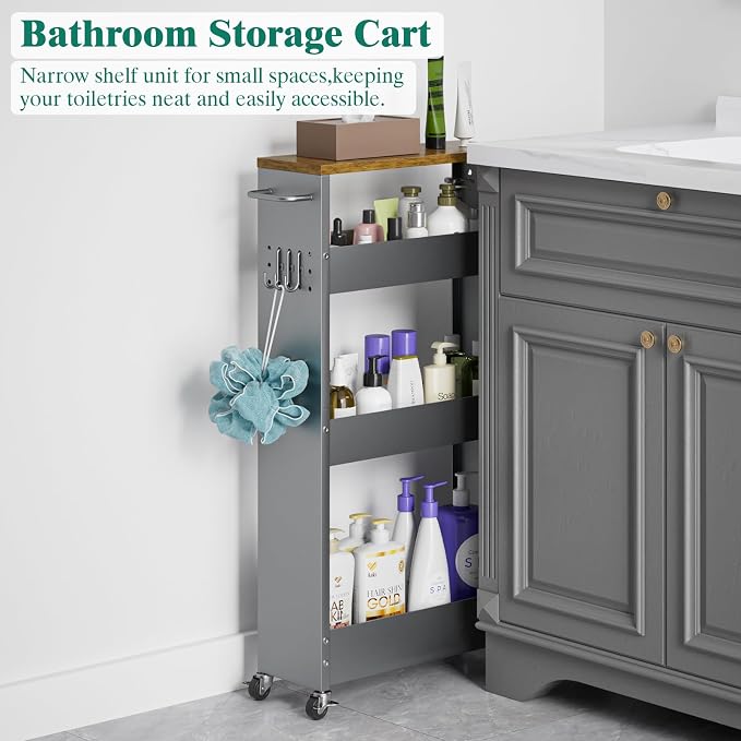 XYZLVSI Slim Storage Cart, Narrow Kitchen Rolling Cart for Small Spaces | 5.9" W skinny storage cart, 12.4" bottom metal utility cart with 360° swivel wheels for bathroom/laundry, slim shelf, Gray - Image 3
